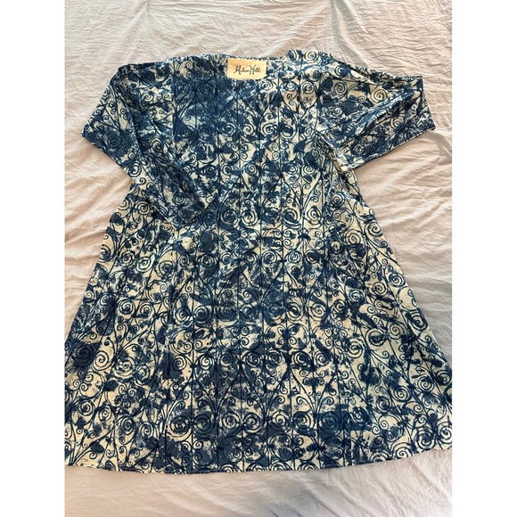 Madame Hall Blue White Batik Scroll Print Midi Dress Long Sleeve Pockets XL - Picture 2 of 10